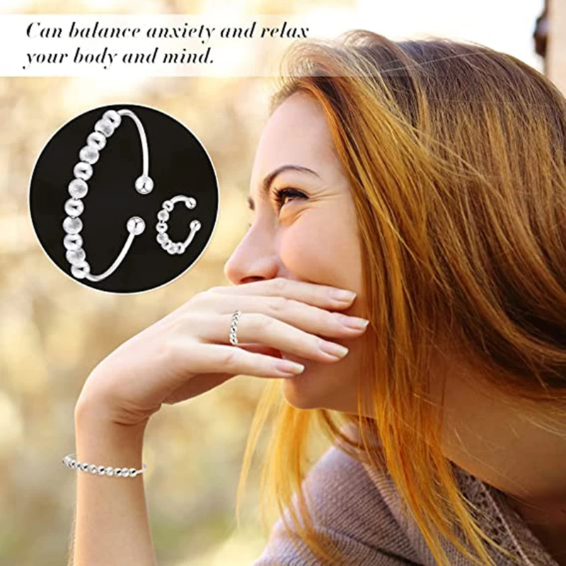 Серебряное кольцо регулируемое женское для тревожности с бусинами снятия