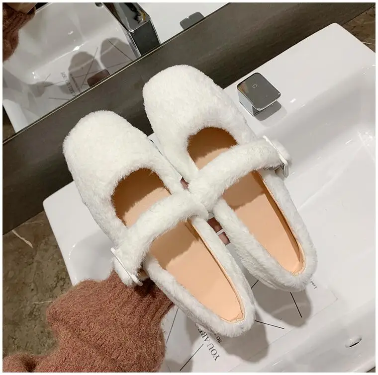 EOEODOIT Autumn Ballet Flats Shoes Casual Fur Shoes Square Toe Retro Fashion Women Lady Elegance Flat Heel Shoes
