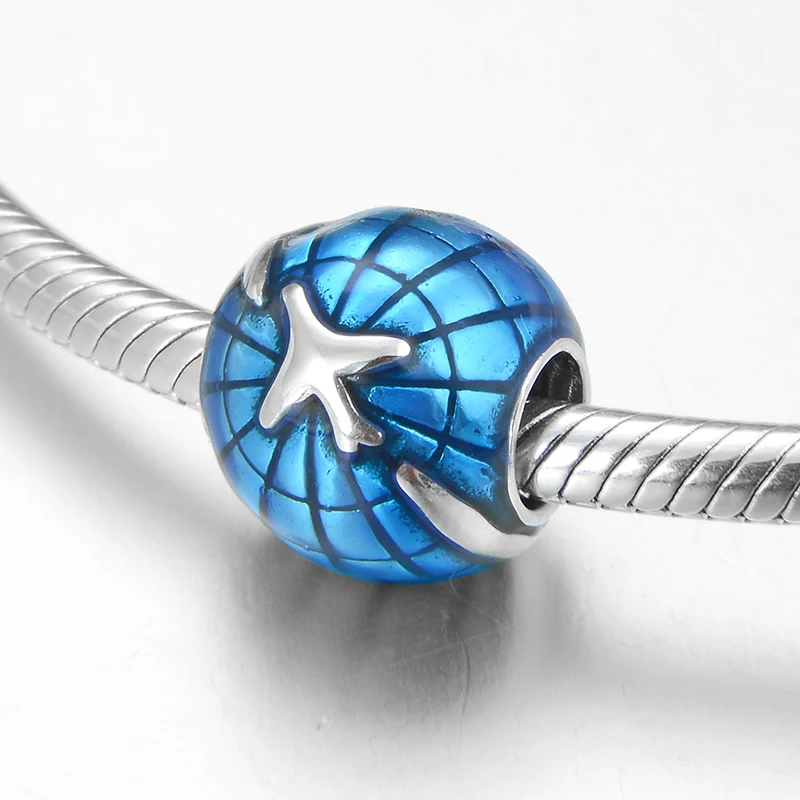 Бусины шармы с синей эмалью серебряные в виде земли и самолета|Ювелирные шармы| |