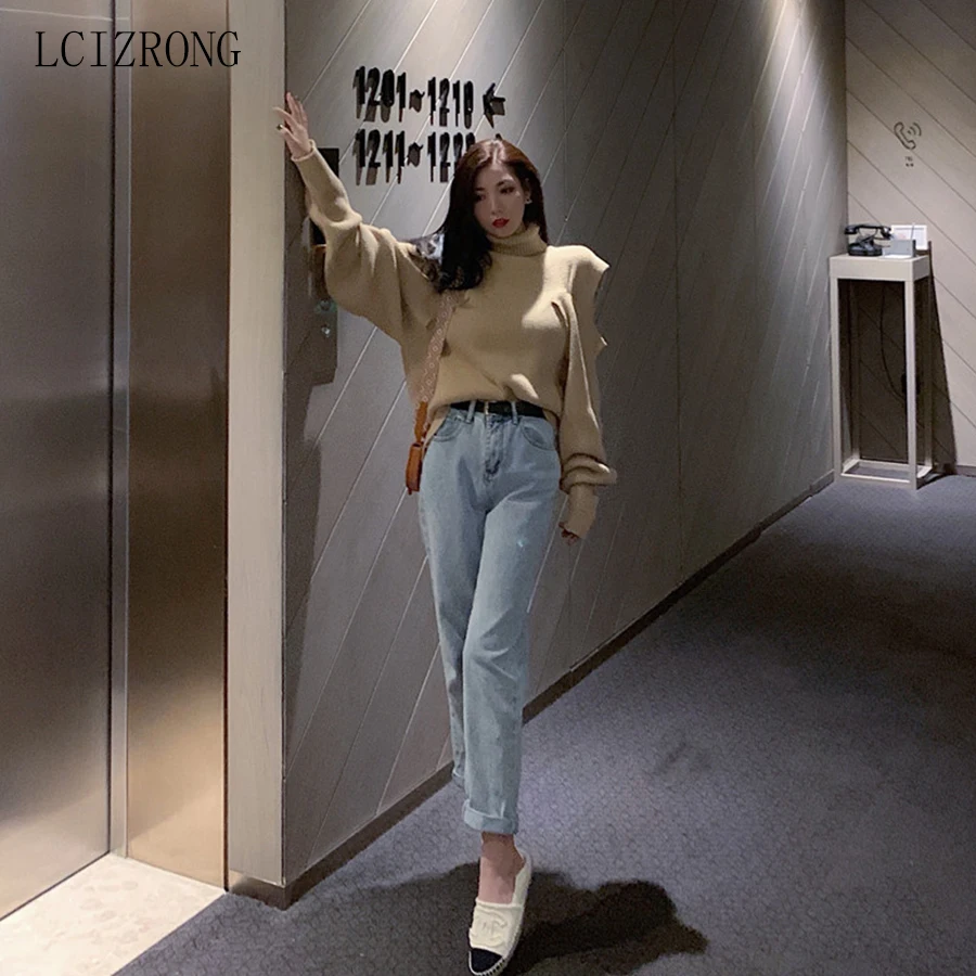 

Autumn Women New High-Necked Sweater Pullover Loose Off -Shoulder Thick Sweater Ladies Paragraph Knit Shirt Sweater Woman