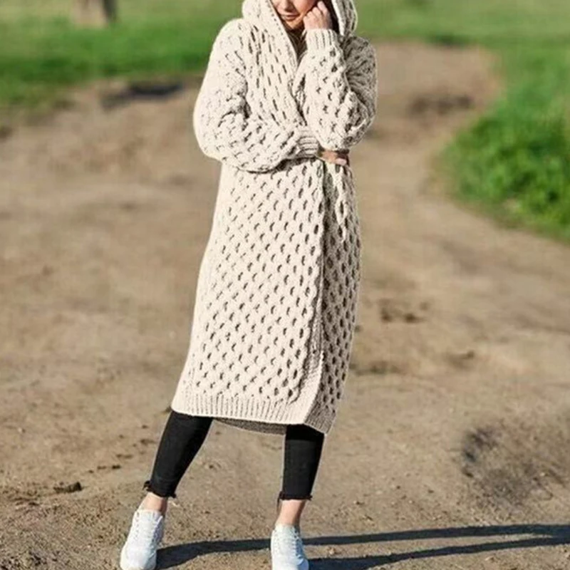 

Женский длинный вязаный кардиган, однотонный теплый свитер с капюшоном из хлопка, повседневная Толстая куртка, модель SJ4524C на осень и зиму, ...