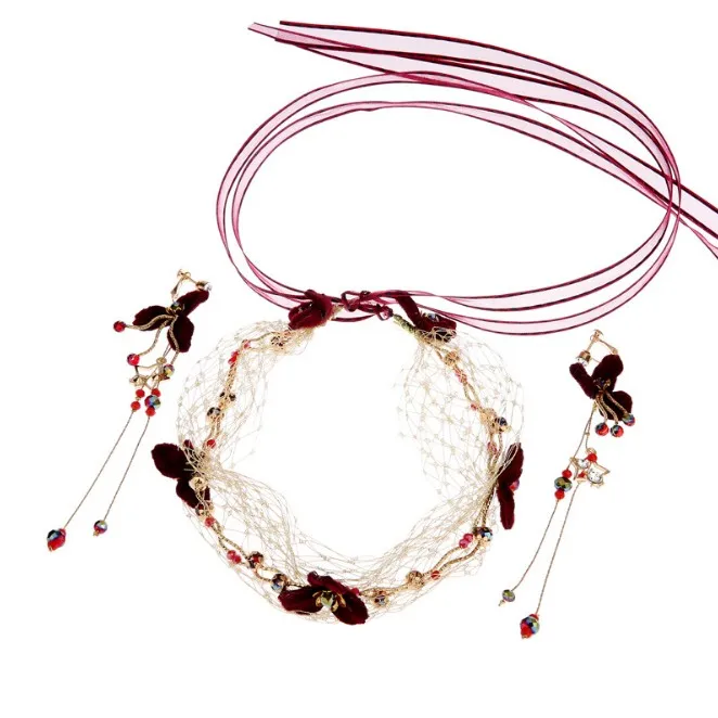 Корейские бордовые винные Красные кружевные ленты цветок сетка повязка на