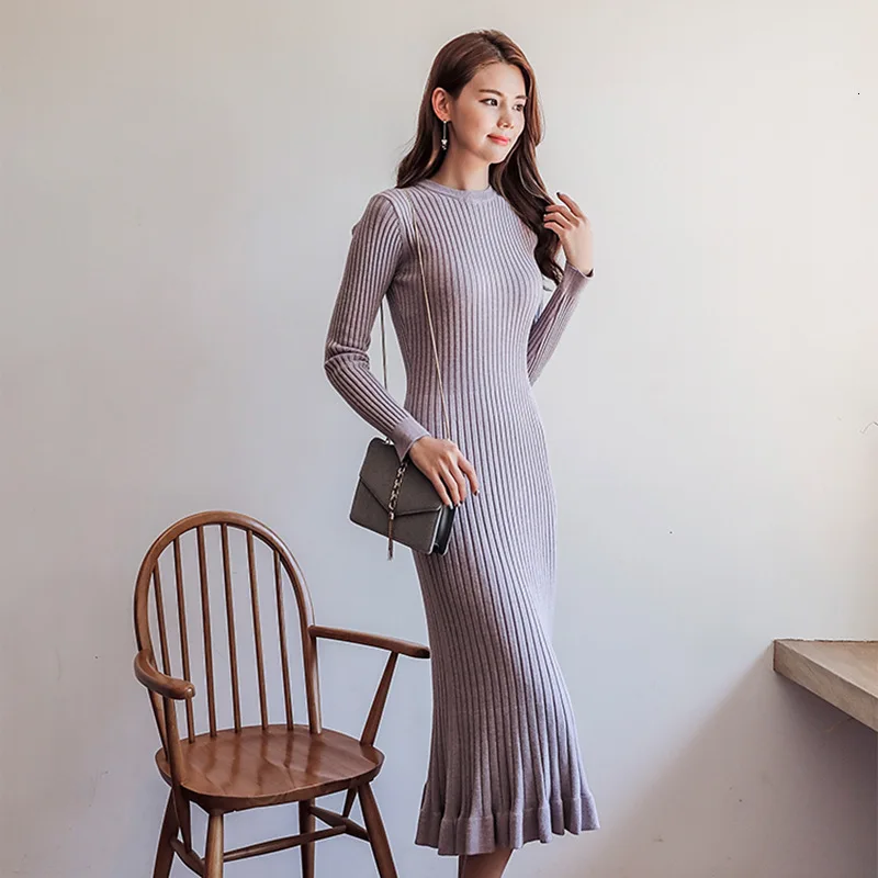 Женское платье с круглым вырезом и длинным рукавом кружевное трикотажное