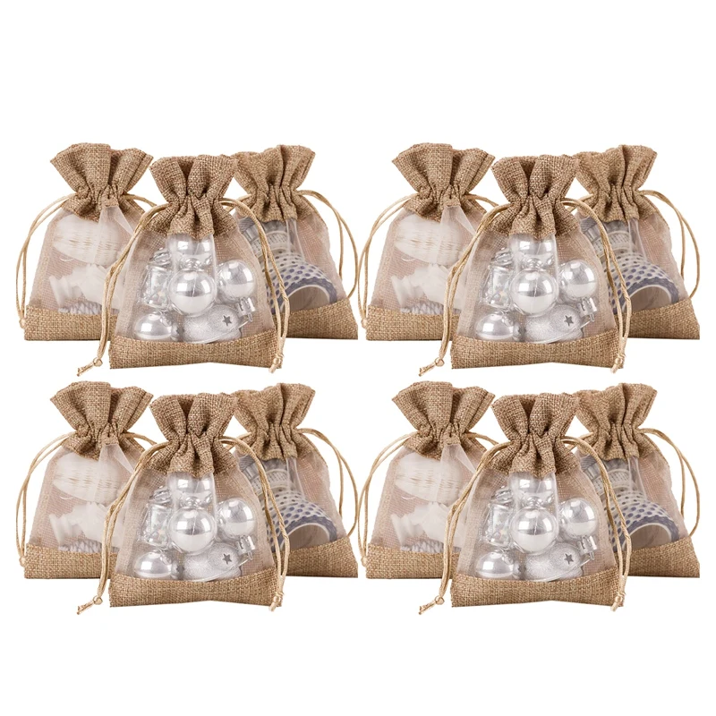 

4X5.5 Inch 20 Pcs Burlap Drawstring Gift Bag - Burlap with One Side Organza Wedding Party Welcome Favor Bags - Tan