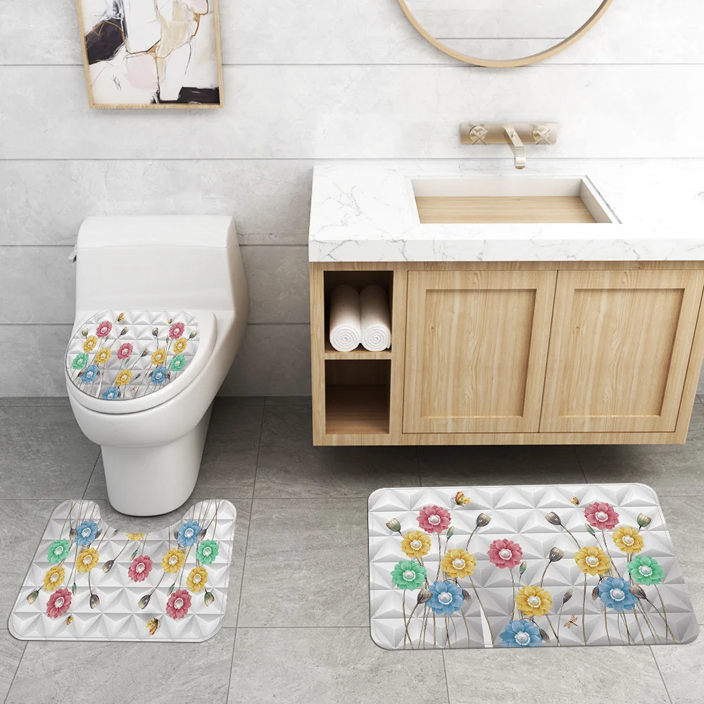 Creative and Colorful Flowers Print Bathroom Curtain Set with Shower Rugs Anti Slip Pedestal Toilet Cover Mat Carpet | Дом и сад