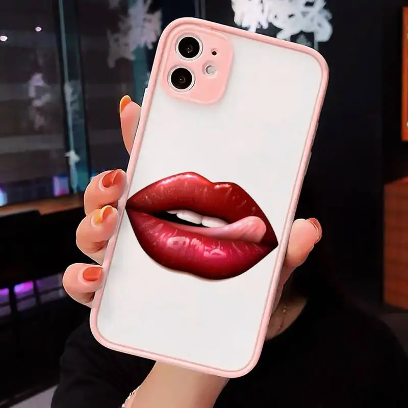 

Sexy lady make up Pink Red lips rolling Phone Cases matte transparent For iphone 7 8 11 12 plus mini x xs xr pro max cover