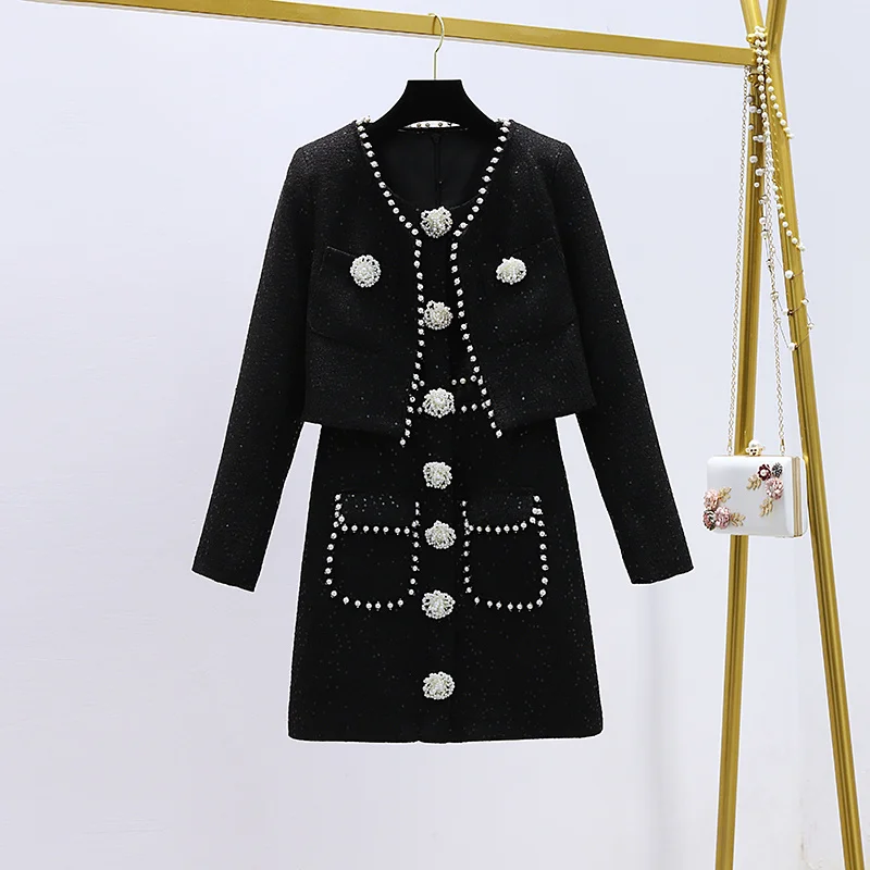 

High Quality Fall Winter Women Sets Vintage Woolen Sleeveless Luxury Mini Dress Short Jacket Coat Two Piece Set Chandal De Mujer