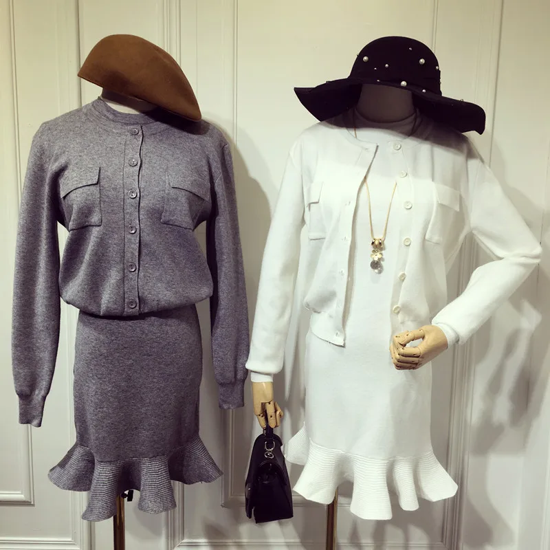 

2020 Autumn winter Women Knitted Coats+Fishtail Dress Sets Knitting Solid Coat and Ruffles Mermaid Dresses Set for Ladies Woman