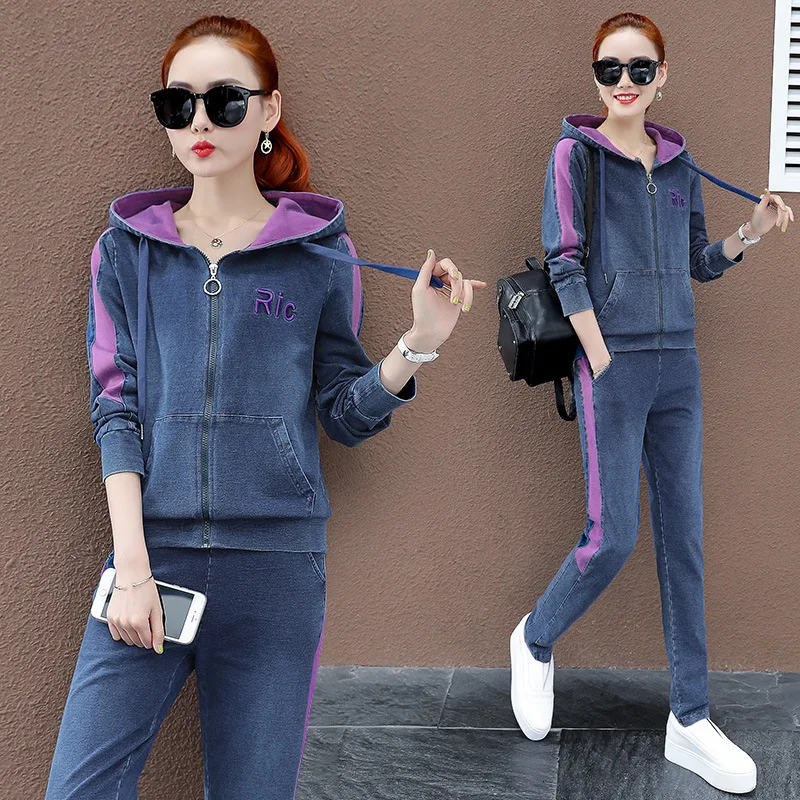 Осенний джинсовый розовый комплект из двух предметов женский спортивный костюм