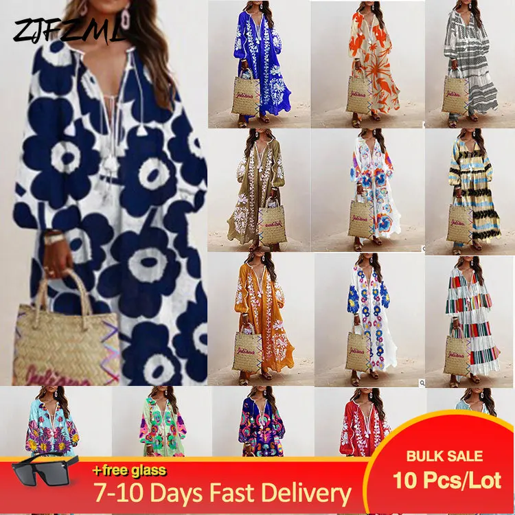 

Bulk Items Wholesale Lots Women's Long Maxi Dresses Fashion Flower Print Long Lantern Sleeve Loose Robe Fall Autumn Holiday Robe