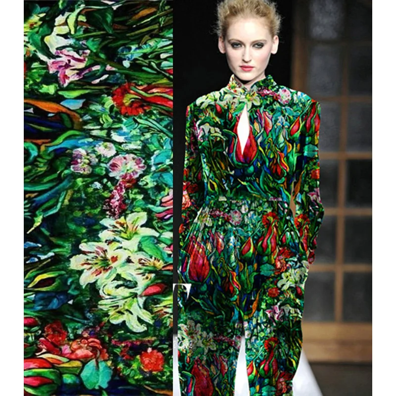 Шелковая ткань эластичная с зелеными цветами 97% для осени и зимы ткани шитья