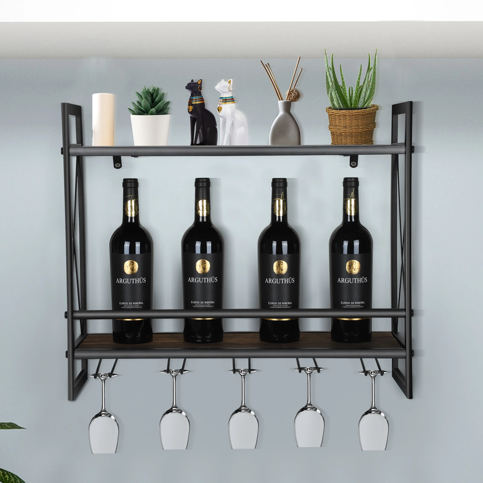 

23 Inch Wall-mounted Wine Bottle Rack Upper And Lower Floors Holder Wood Panels Wine Rack Home Decor Wine Rack Bar Wine Racks