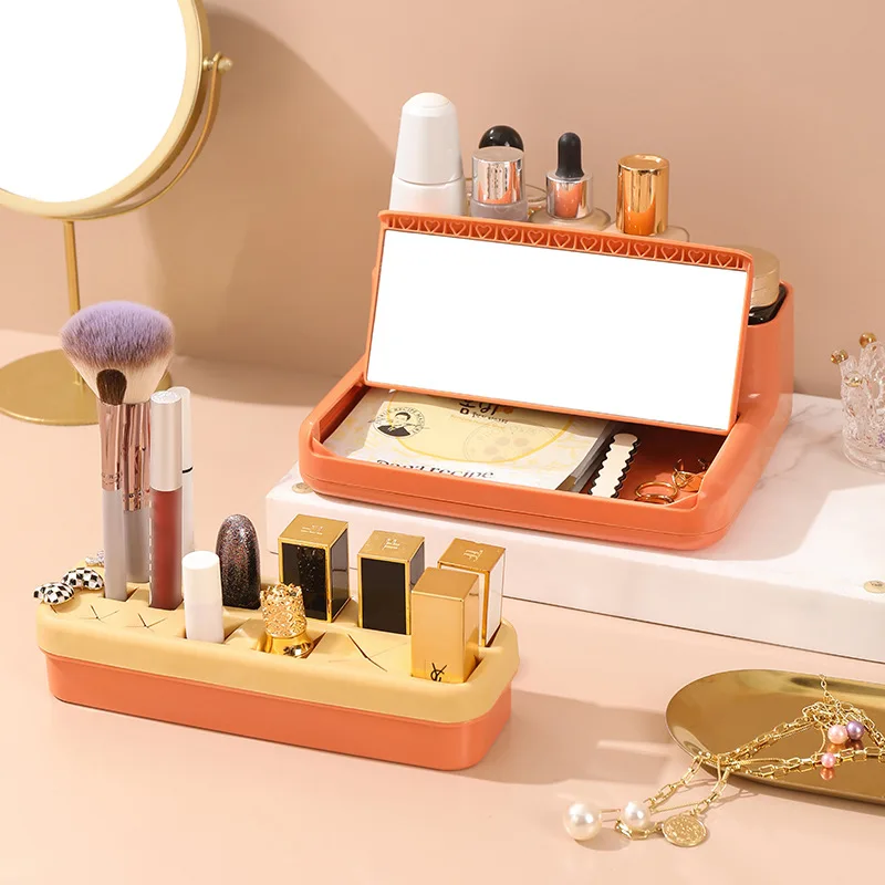 

Clamshell Makeup Storage Box With Makeup Mirror Multi Grid Silicone Eyebrow Pencil Lipstick Rack for Cosmetic Desktop Organizer
