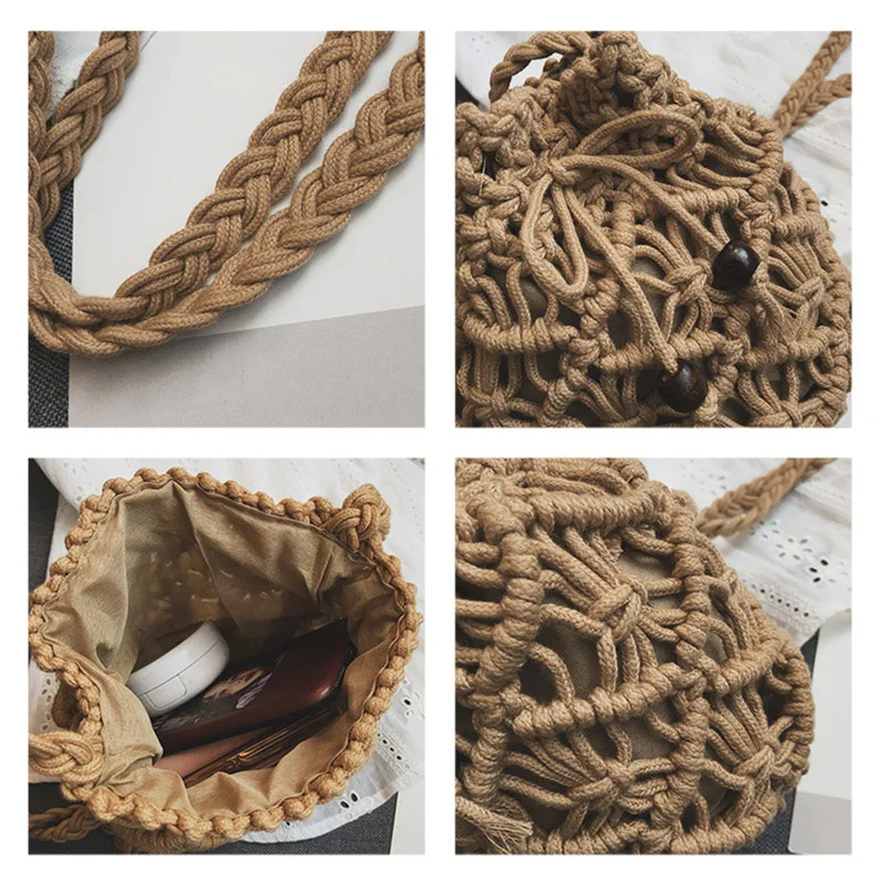 

Women Drawstring Bucket Bag Straw Shoulder Summer Beach Woven PU Bags Best Sale-WT