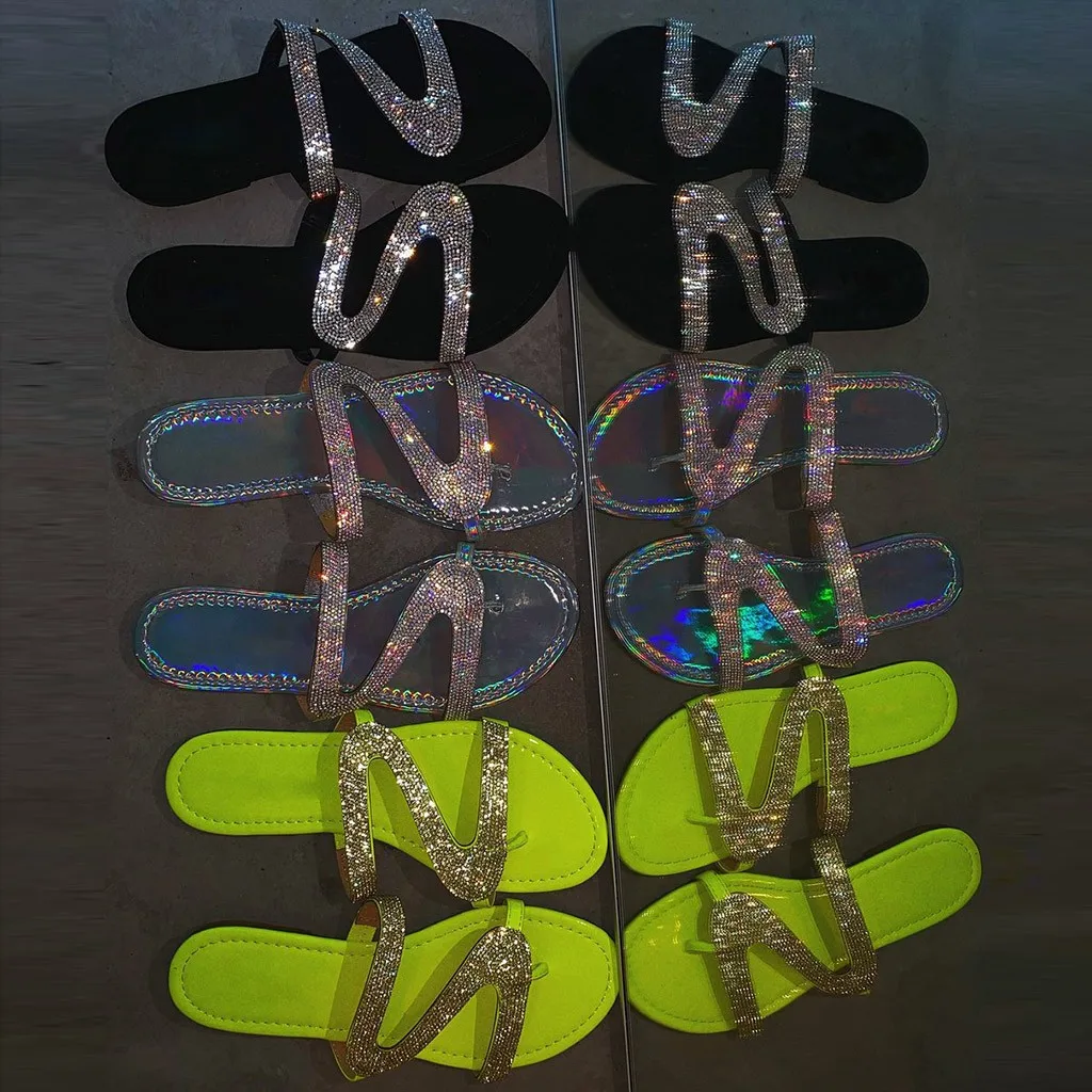 Стразы Женские шлепанцы для девочек Пляжная обувь в богемном стиле со стразами