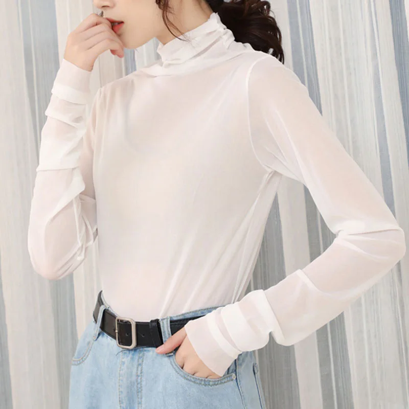 Женская неоновая рубашка с длинными рукавами прозрачный топ воротником-стойкой