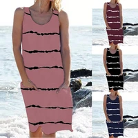 50 hot sales women o neck stripe print pockets sleeveless midi dress streetwear for dating