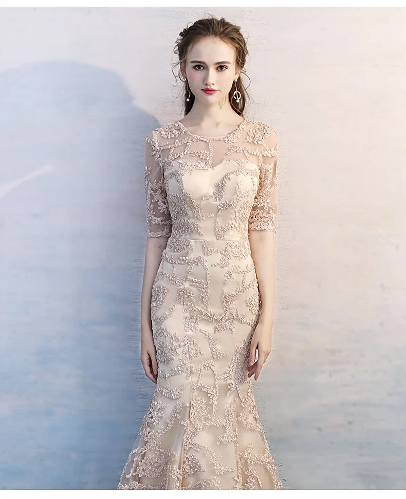 

New Gold Mermaid Evening Dress Half-Sleeve Embroidery Tulle Floor-length Prom Gown Elegant Party Robe Customized Women Dresses