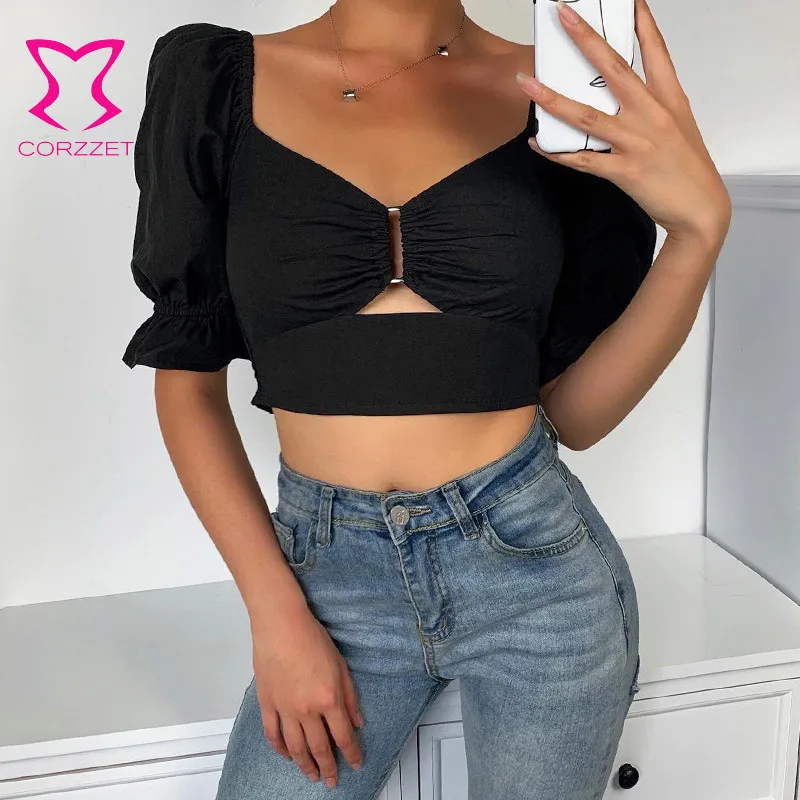Черный с расклешенными рукавами Корсет Топ вырезами пикантные темперамент