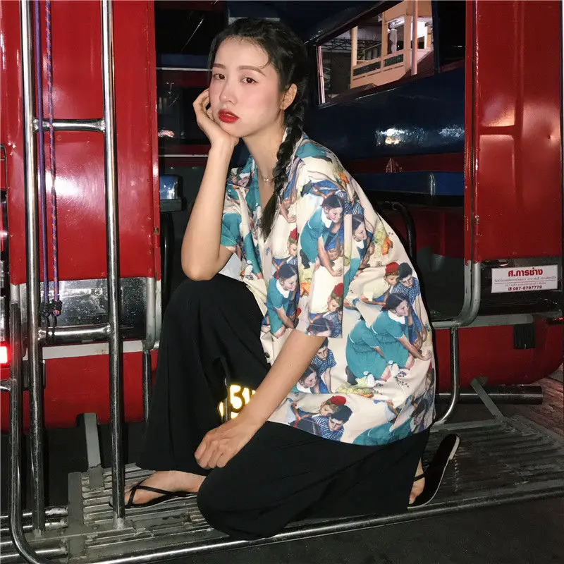 

Harajuku Shirts Women Streetwear Top Femme Funny Printed Shirt Summer 2021 Artsy Fashion Style Vintage Blouse Women Chic