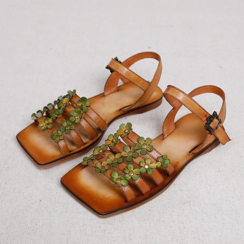 

VALLU Spring/Summer 2020 New Leather Sen Women's Shoes Fashion Hand Wipe Color Flower Buckle Flat Sandals