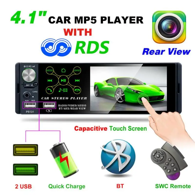 P5131 4.1 inch 1 Din Capacitive Touch Screen Car In-Dash Stereo Audio Bluetooth AM FM RDS Radio Head Unit MP5 Multimedia Player |