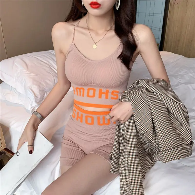 

Summer Women Sports Suit Sexy Tight-Fitting Breathable Letter Printing Bra High Waist Hip Shorts Running Fitness Yoga Wear