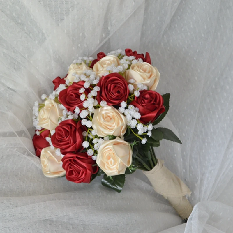

bouquet de mariage Handmade Satin rose flowers Red Champagne wedding bouquet buque noiva wedding flowers real rose home decor