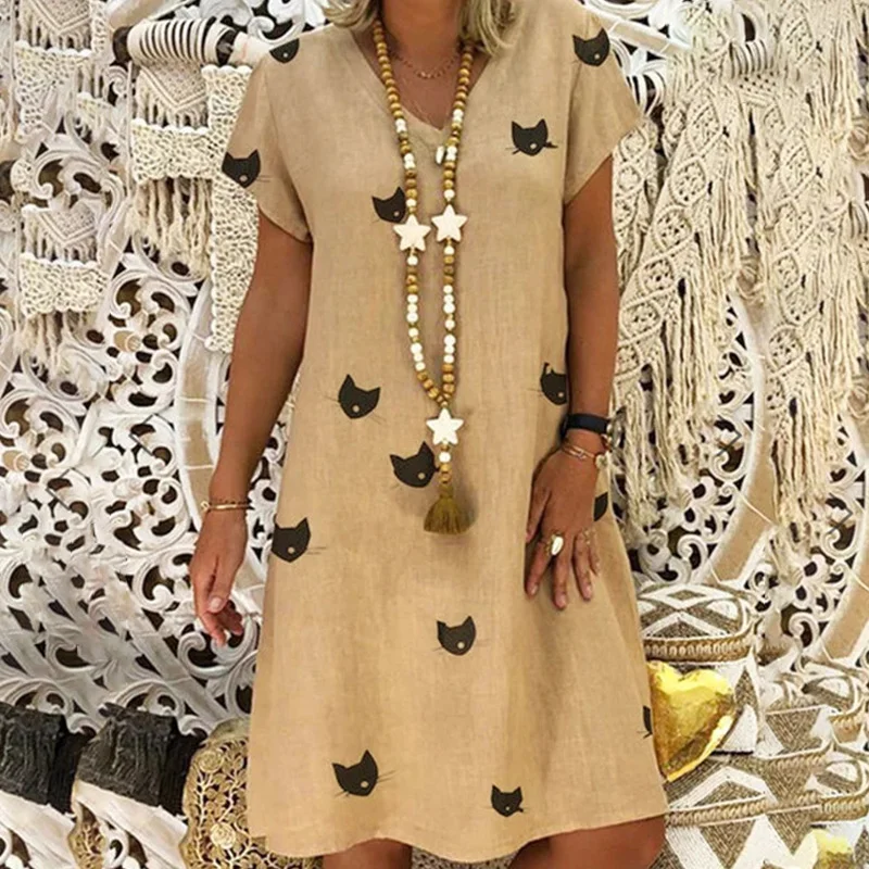 

Basic Dress Women Cat Print Loose Fit Sexy V Neck Cute Dress Mini Short Sleeve Sukienka Large Size 4xl 5xl Dress Casual Summer