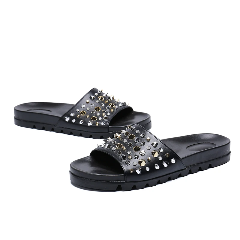 Летние шлепанцы с заклепками модные мужские сандалии из натуральной кожи