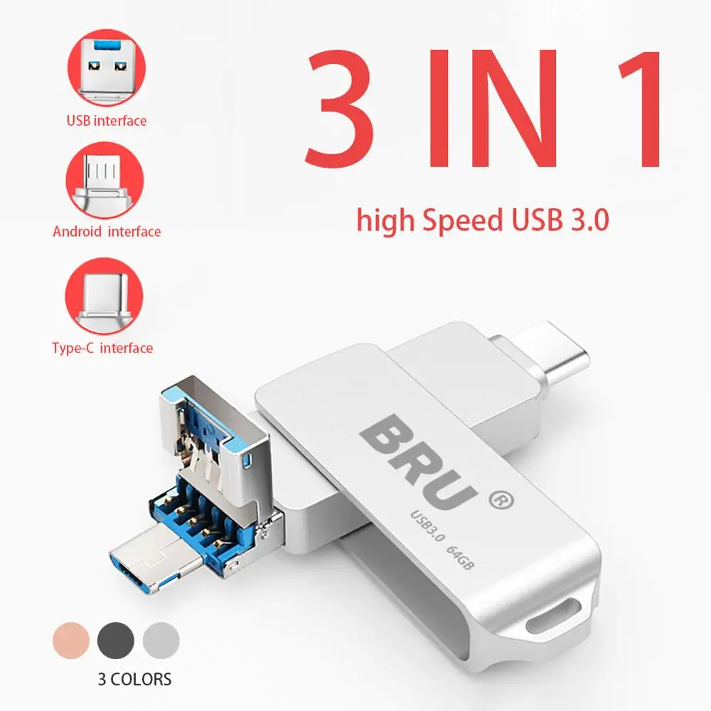 BRU 3 в 1 Otg Usb флешка 0 для Android type-c высокоскоростной флеш-накопитель type C Флешка 16 ГБ 32