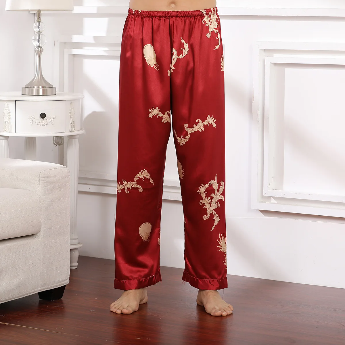 Print Pants Satin Sleepwear Men Pajamas Sleep Bottoms Casual Nightwear PJS Faux Silk Pijamas Home Pants Spring Summer New