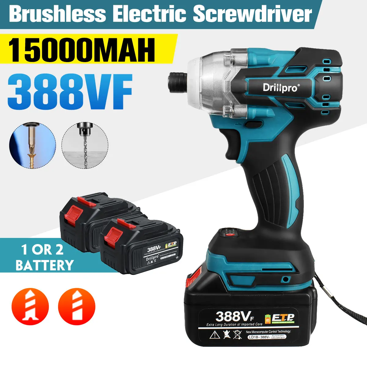 Drillpro 388VF Cordless Brushless Electric Screwdriver 1/4 inch Power Tools Drill Driver + LED Light For Makita 18V Battery