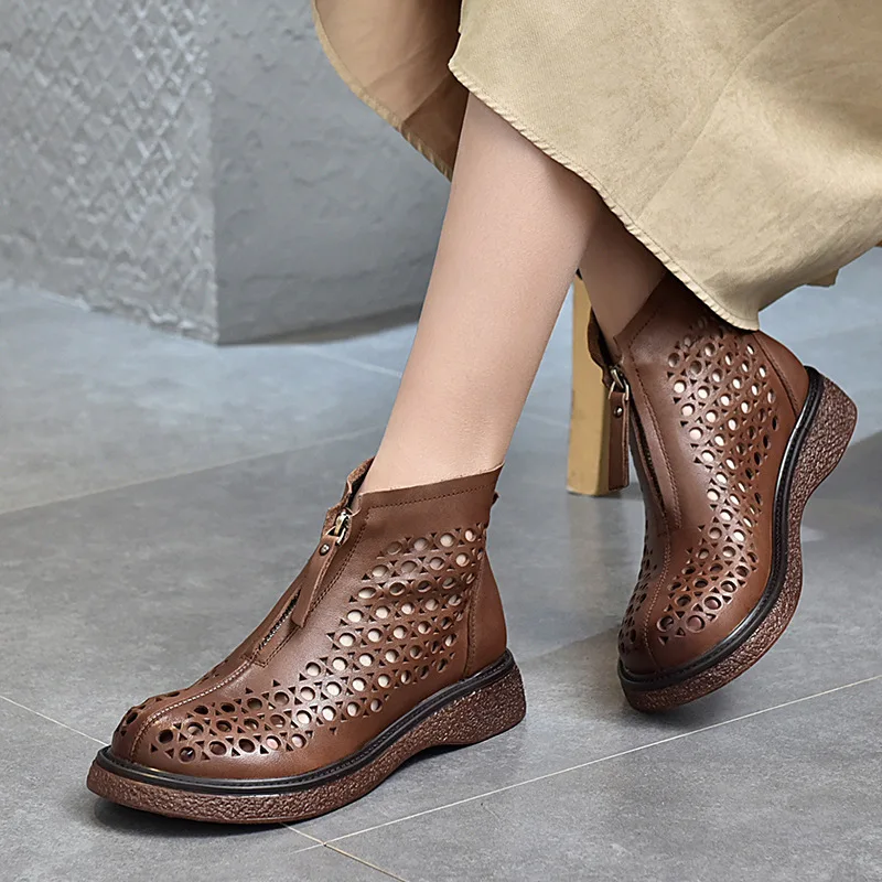 

2021 Spring Summer Retro Big Round Head Doll Shoe Front Zipper Hollow Sandals Genuine Leather Hole Shoes Thick-Soled Sandals