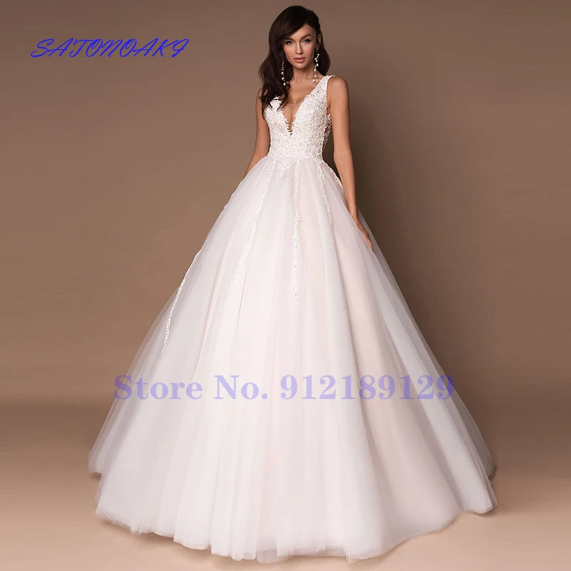 

Vestidos De Novia Sexy V-neck Sleeveless Wedding Dresses Custom Design Lace Applique A-Line Princesa Bridal Gown Robe Mariée