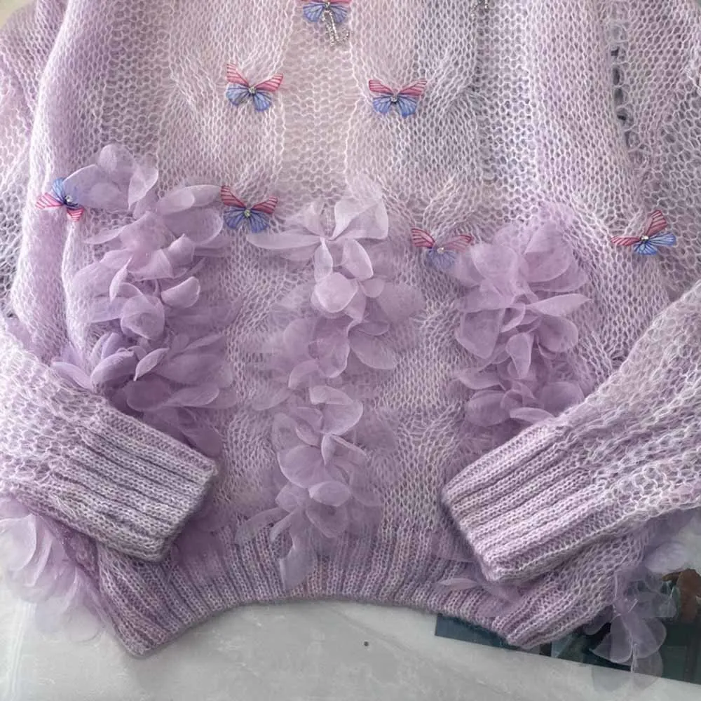 Женский вязаный свитер с бусинами и цветами Свободный пуловер синего