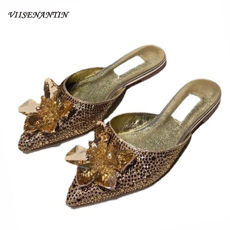 

High Quality Blingbling Flower Gemstone Muller Shoes 2021 Spring New Shiny Rhinestone Sexy Flat Casual Wedding Half Slippers