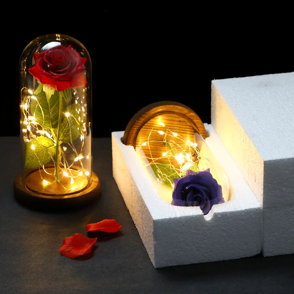 Вечная роза со светодиодный Ной подсветкой красавица чудовище Роза в стеклянном