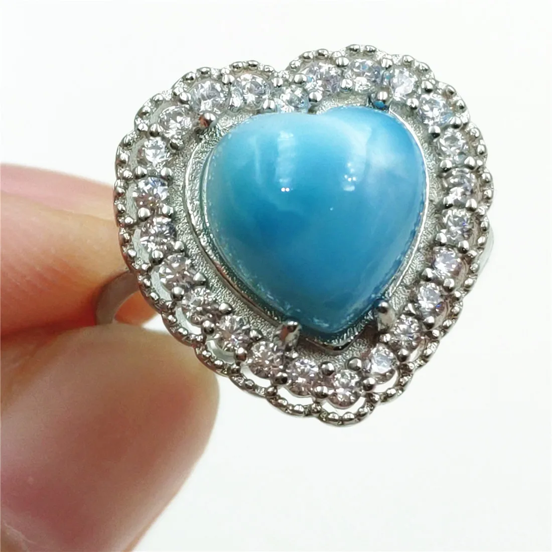 

Dominia Namibia Natural Larimar Blue Heart Adjustable Ring 10x10mm Water Pattern Love Larimar 925 Sterling Silver AAAAAA