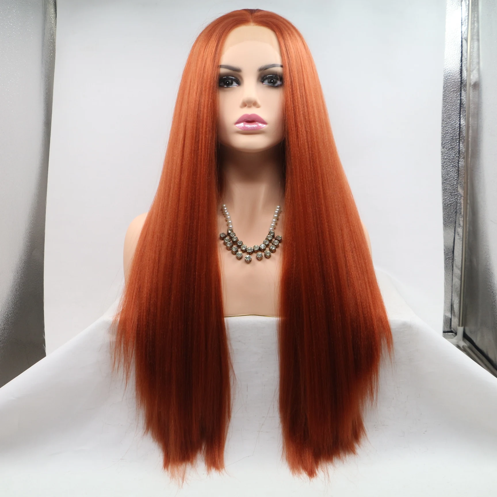 Sylvia Copper Red Yaki Straight Lace Front Wigs Natrual Looking Flawless Hairline #360 Color Synthetic Lace Front Wigs for Women