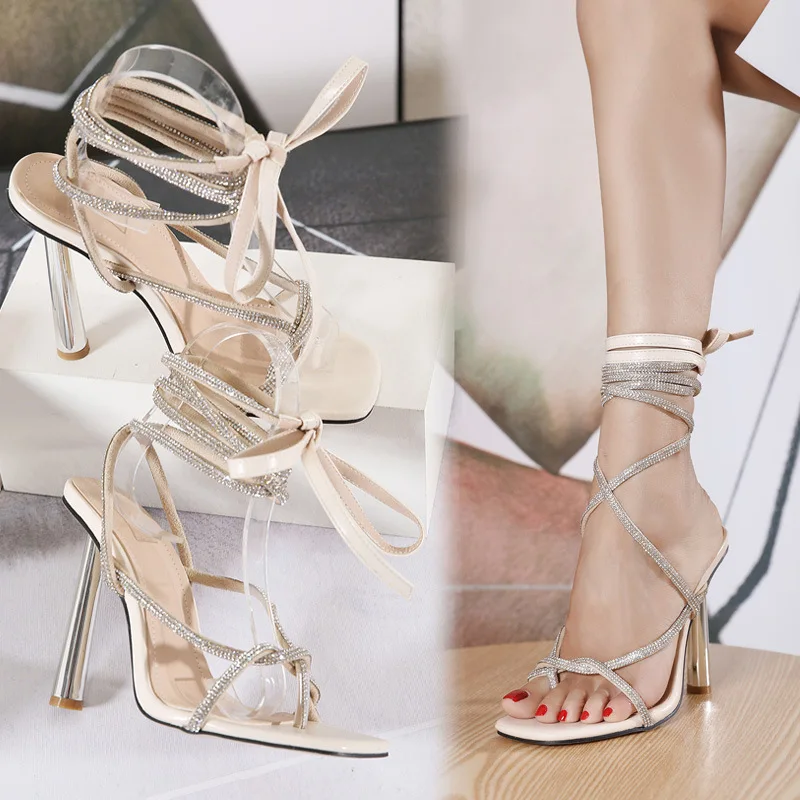 

Gladiator Women Lace-Up Sandals Rhinestone Summer Sexy Pumps Wedding Shoes Ankle Strap Square Toe Narrow Band High Heels