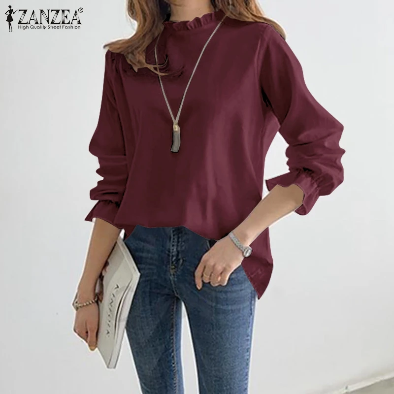 

Women's Ruffle Bloues ZANZEA 2021 Fashion Autumn Tops Casual Long Sleeve Blusas Female Solid Tunic Oversized Basic Top Chemise
