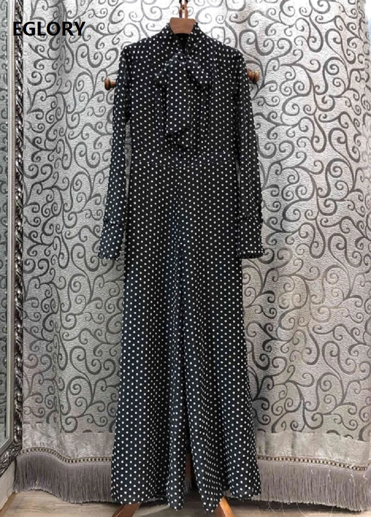 Женский комбинезон с бантом элегантный в горошек широкими штанинами и длинным