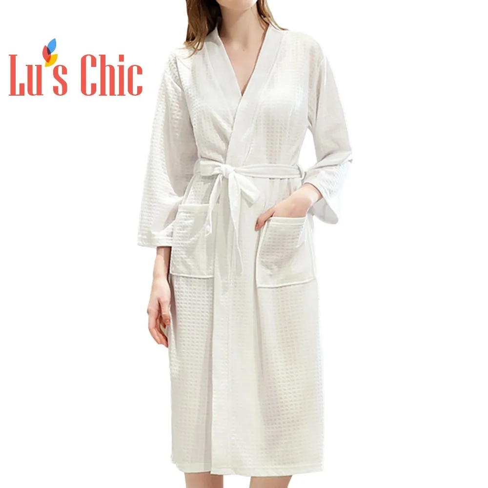 

Lu's Chic Waffle Kimono Knee Length Solid Robe Soft Bathrobe Spa Wome Lightweight Bath Wrap