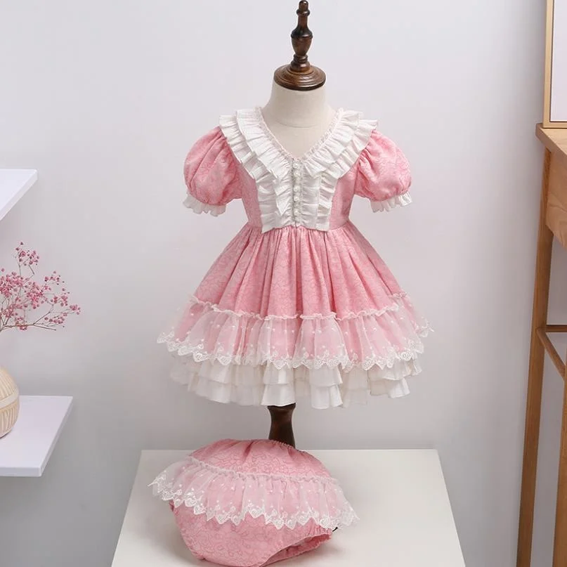 

Summer Spanish Lolita Baby Embroidery Ball Gowns Kids Birthday Party Clothes Lace Stitching Cute Princess Dresses For Girl A470