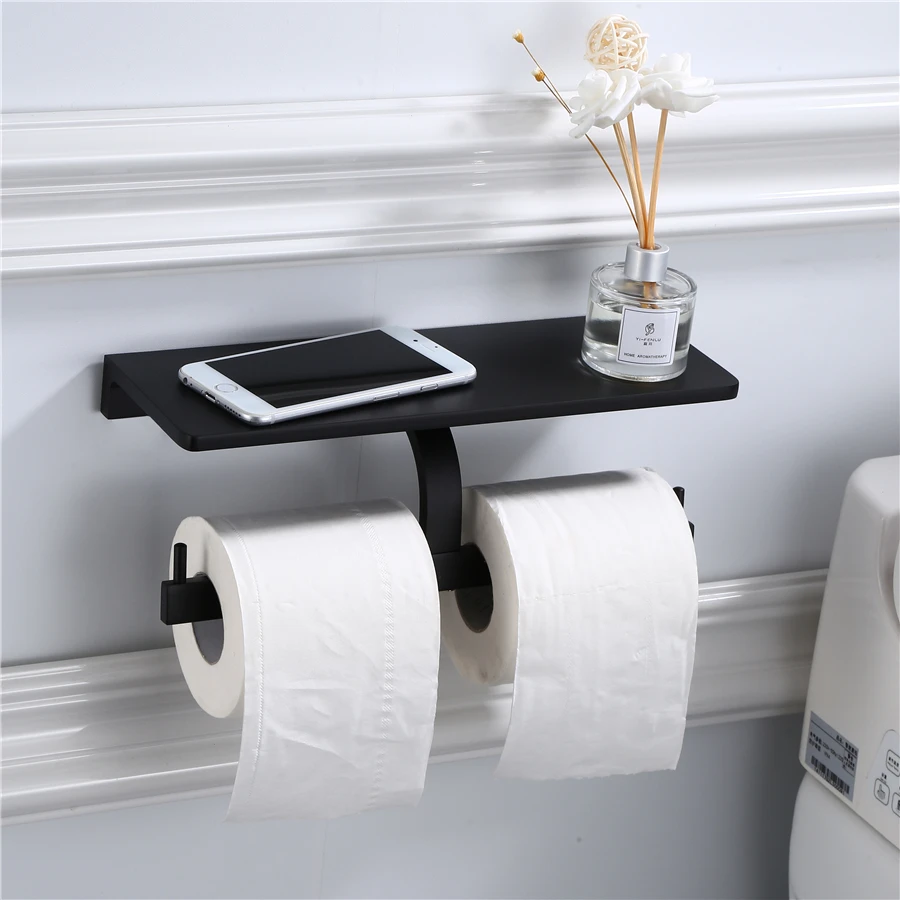 wall mounted black toilet paper holder tissue paper holder roll holder with phone storage shelf bathroom accessories free global shipping