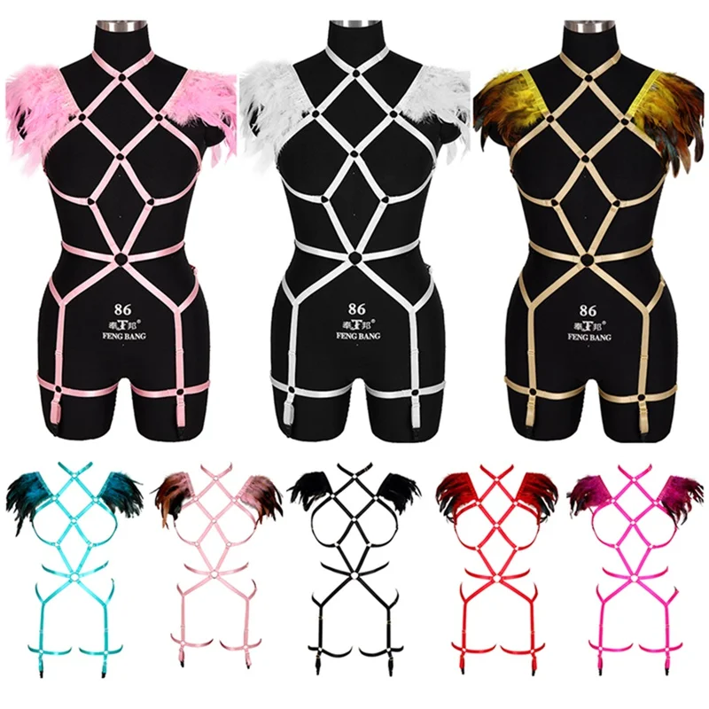 Womens Feather Epaulettes Goth Steampunk Shoulder Wings Sexy Lingerie Set Full Body Harness BurningMan Club Festival Rave Wear