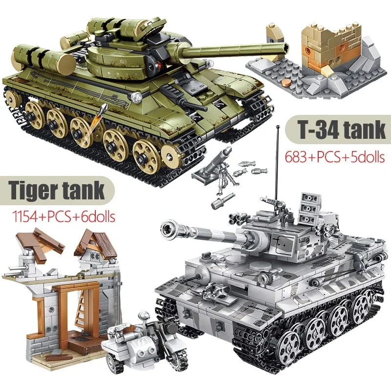 

1154Pcs City Diy Tiger Tank Blocks High-Tech Assembled Military 101401 Model T-34 Tank Building Blocks Toys For Boys Gift