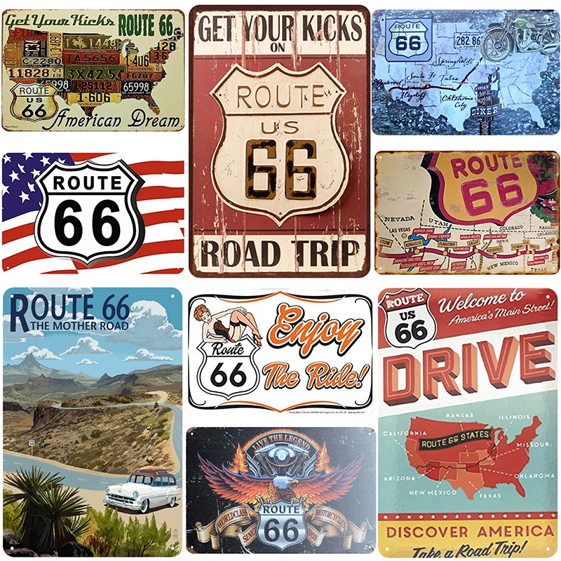 

US Route 66 Road Map Sign Retro Shabby Metal Tin Sign Plaques Motor Car Garage Wall Decor Iron Plate Plaques Art Poster 20x30cm