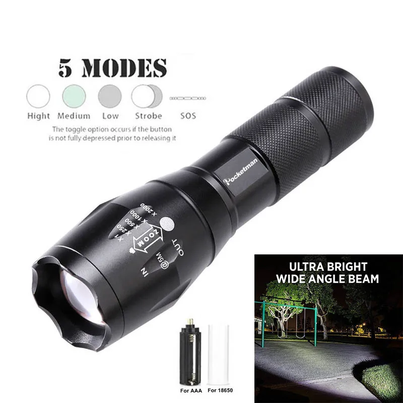 

T6 Glareing Flashlight Black Portable Outdoor Water Resistant Torch Light E7